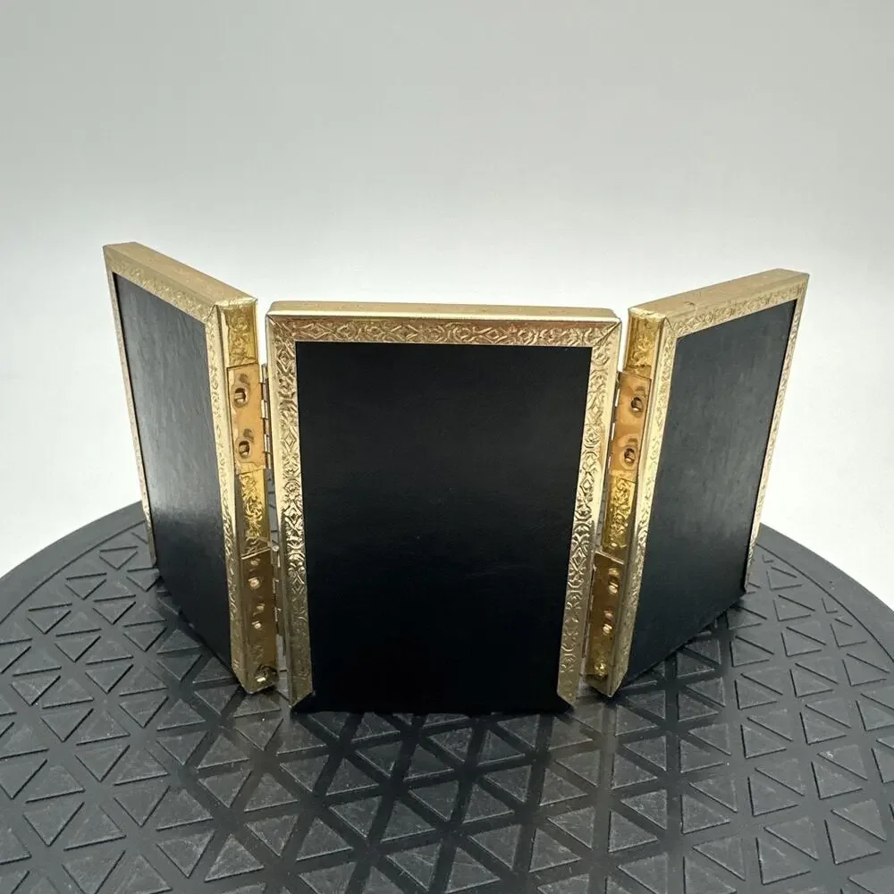 Vtg Gold Metal Tri Folding 3 Panel Picture Frame 2.25x3.25 Hinged
